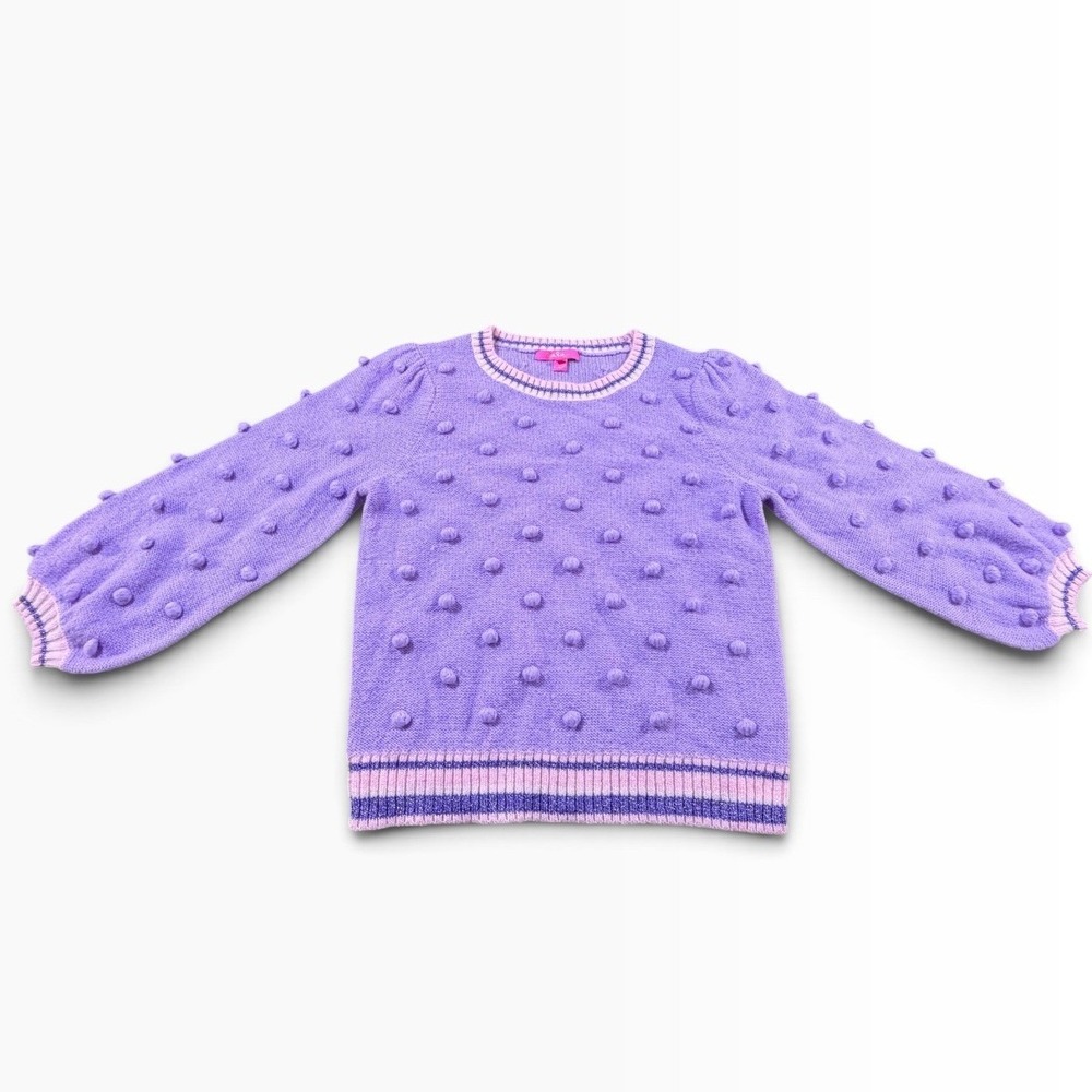 Lilly Pulitzer Purple Pom Pom Bobble Knit Striped Trim Crewneck Sweater Large